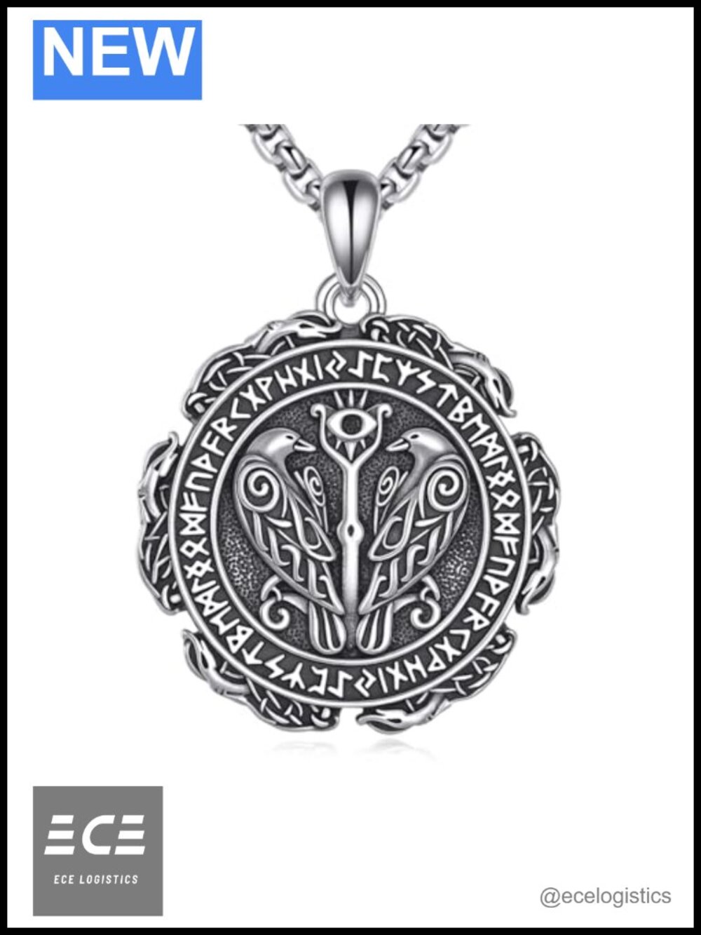 Sterling Silver Viking Raven Necklace Norse Runes Mjolnir Pendant 22in